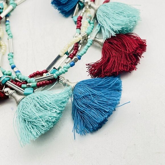 C1946 Multicolor Tassel Necklace Multistrand Silver Tone Blue Red Teal Ethnic - Picture 6 of 9